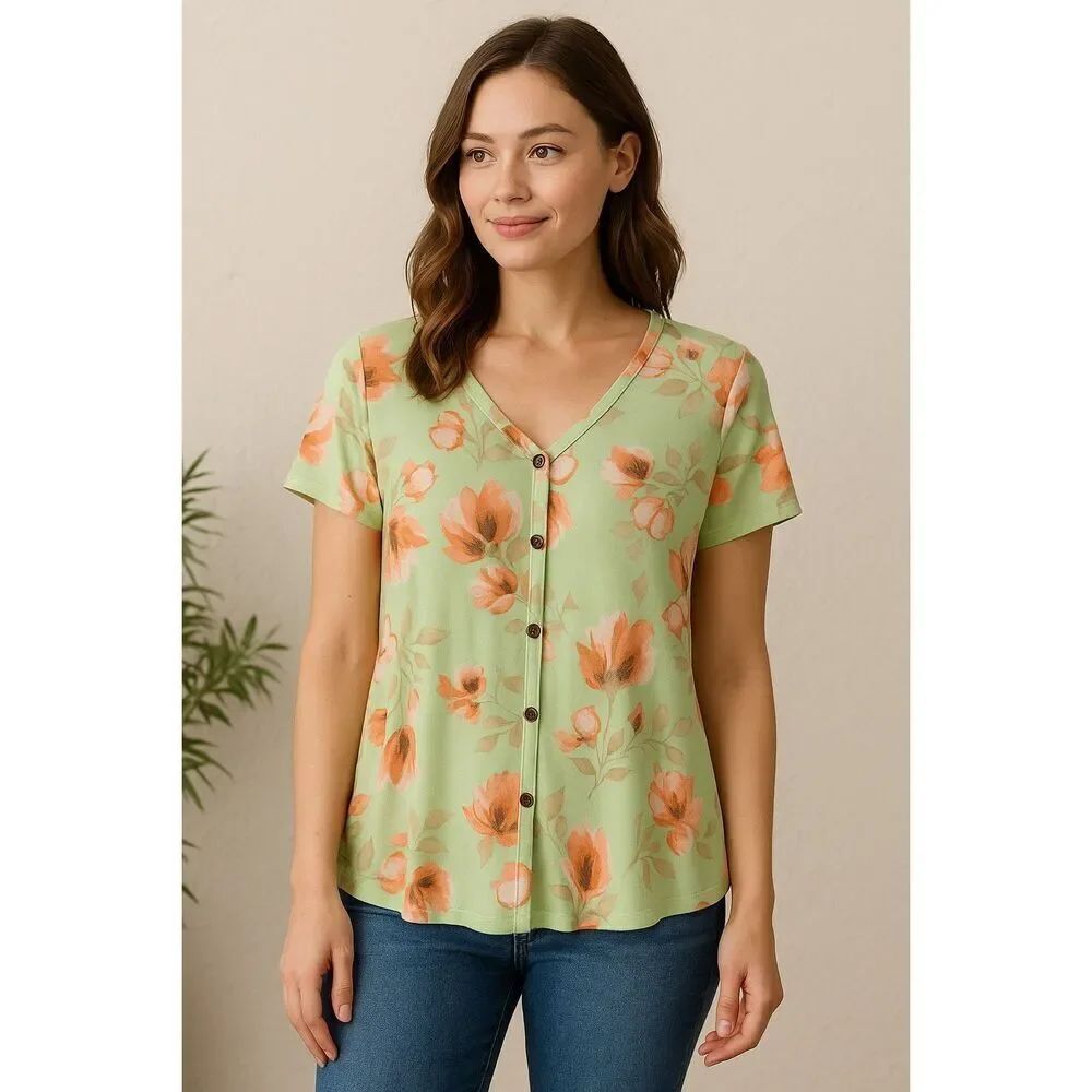 BOMBOM Mint Green Floral Button Front Short Sleeve Top Women’s XL